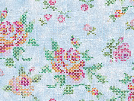 Cross-Stitch Blossoms Blue Wallpaper⁠