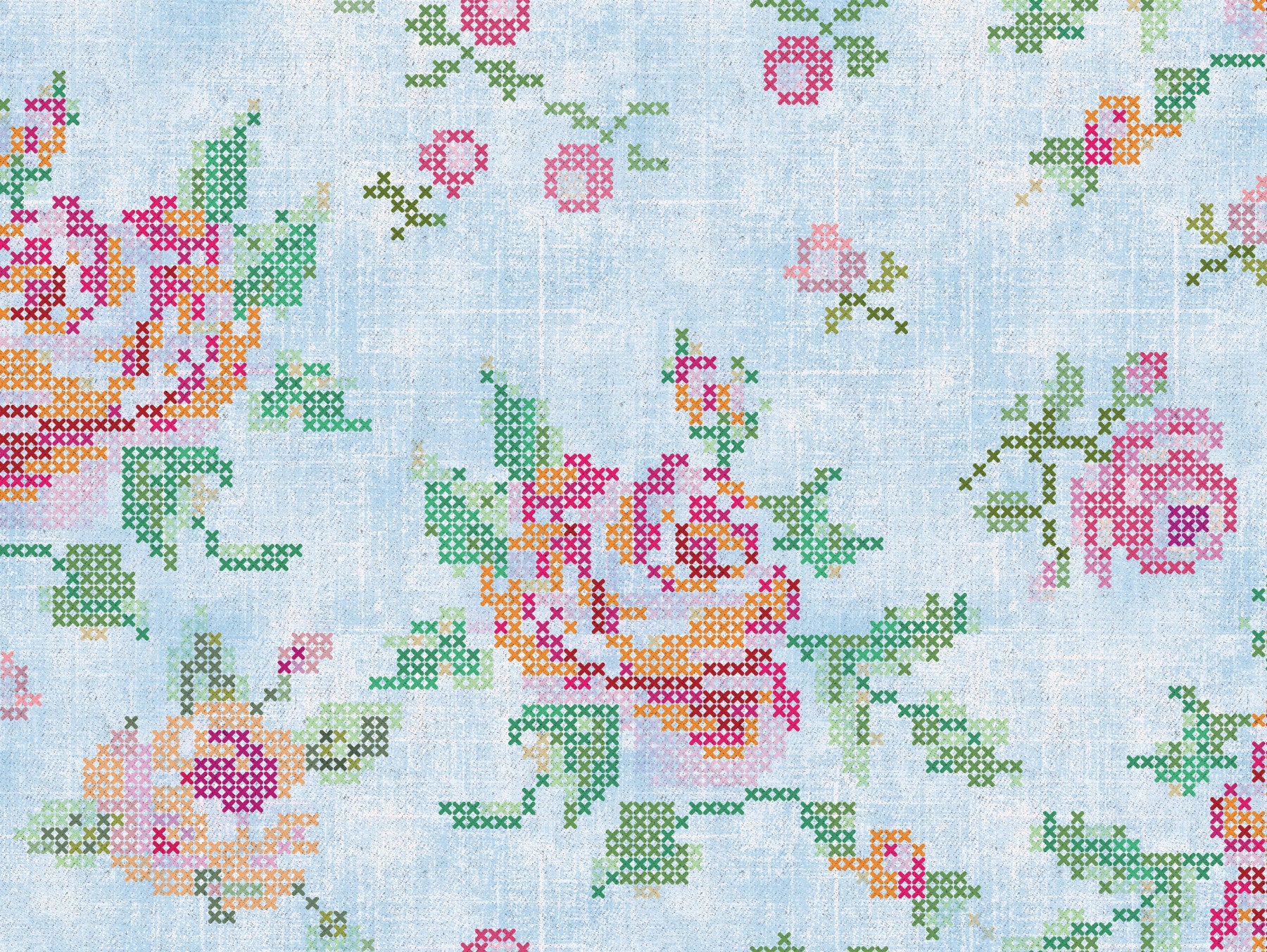 Cross-Stitch Blossoms Blue Wallpaper⁠