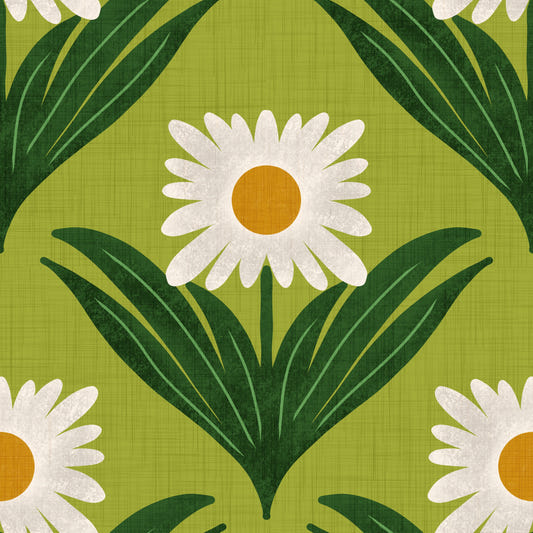 Retro 70s Daisy Floral on Avocado Green - Mod Flower Wallpaper⁠ Wallpaper⁠