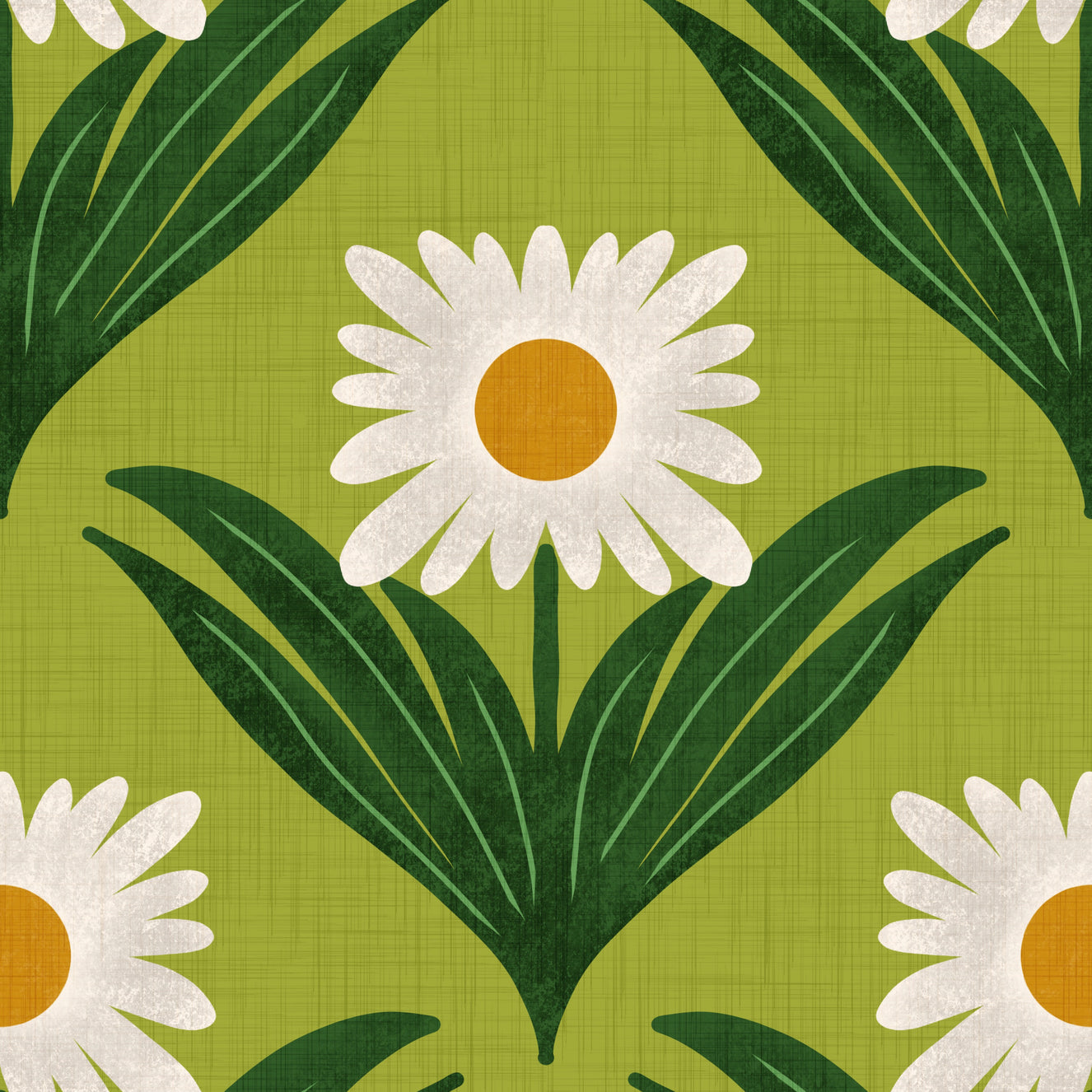 Retro 70s Daisy Floral on Avocado Green - Mod Flower Wallpaper⁠ Wallpaper⁠