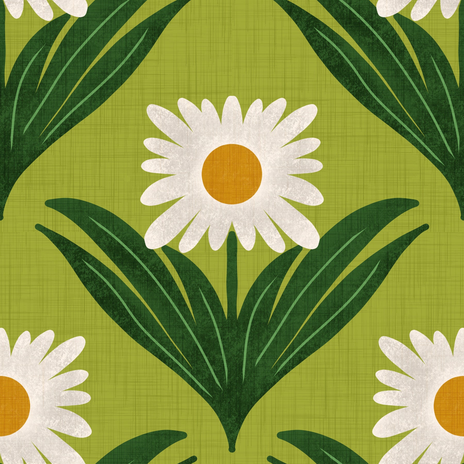 Retro 70s Daisy Floral on Avocado Green - Mod Flower Wallpaper⁠ Wallpaper⁠