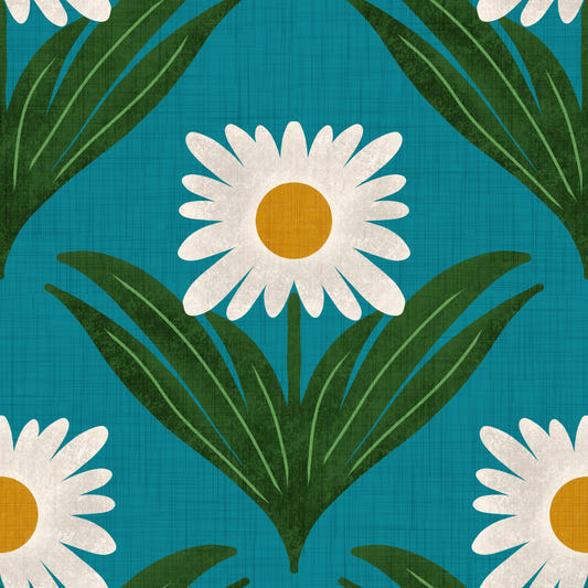 Retro 70s Daisy Floral on Teal - Mod Flower Wallpaper⁠ Wallpaper⁠