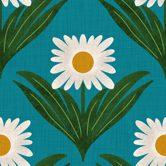 Retro 70s Daisy Floral on Teal - Mod Flower Wallpaper⁠ Wallpaper⁠