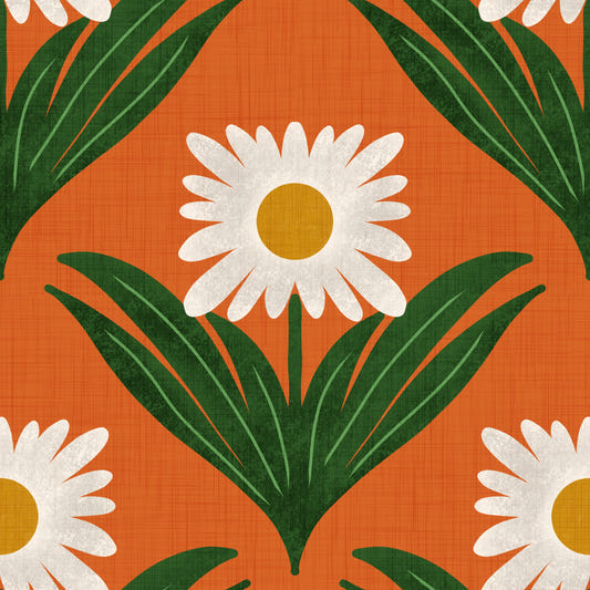 Retro 70s Daisy Floral on Orange - Mod Flower Wallpaper⁠ Wallpaper⁠