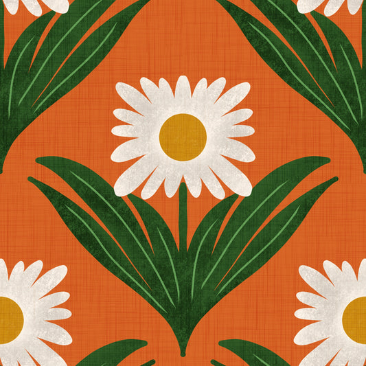 Retro 70s Daisy Floral on Orange - Mod Flower Wallpaper⁠ Wallpaper⁠