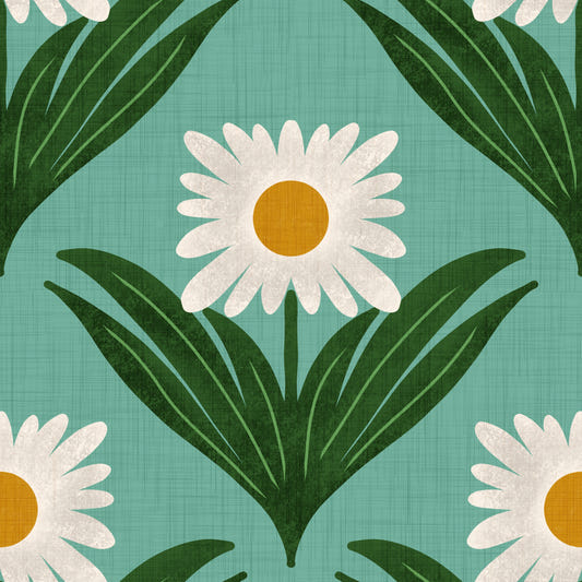 Retro 70s Daisy Floral on Retro Blue - Mod Flower Wallpaper⁠ Wallpaper⁠