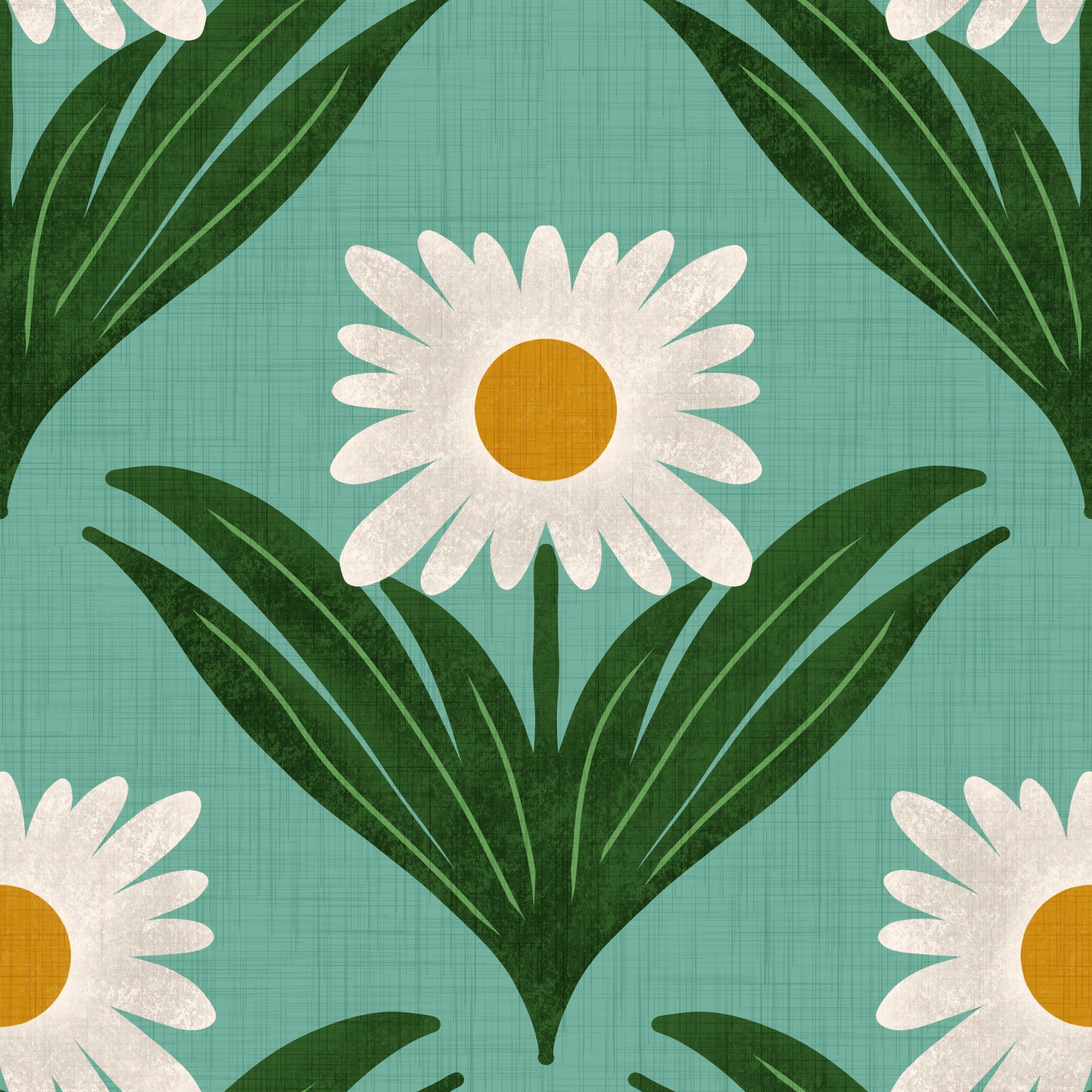 Retro 70s Daisy Floral on Retro Blue - Mod Flower Wallpaper⁠ Wallpaper⁠