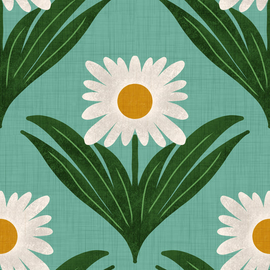 Retro 70s Daisy Floral on Retro Blue - Mod Flower Wallpaper⁠ Wallpaper⁠