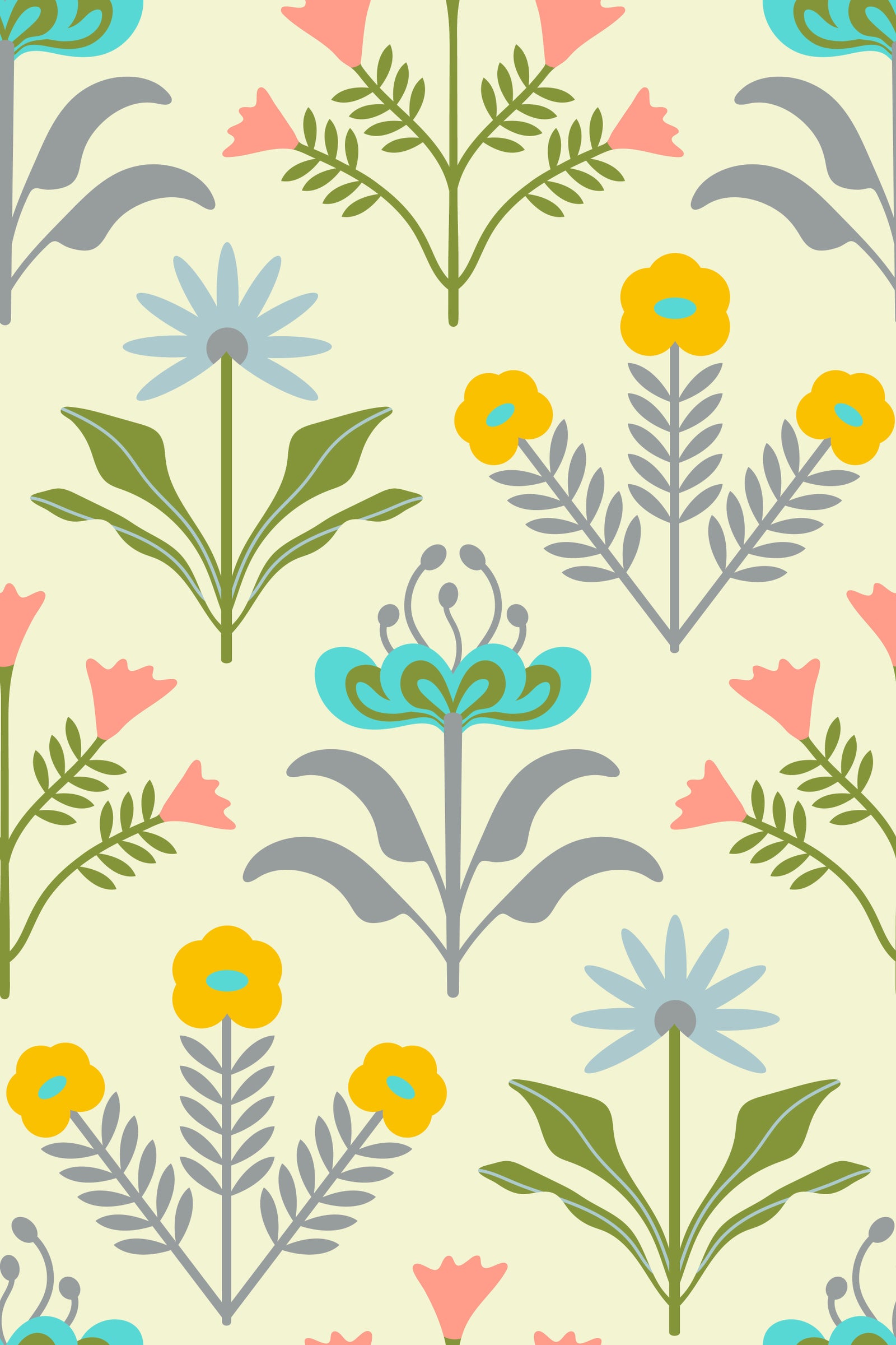Lora Mid Century Modern Scandi Retro Floral Cottage Pastel Yellow Cream Wallpaper⁠