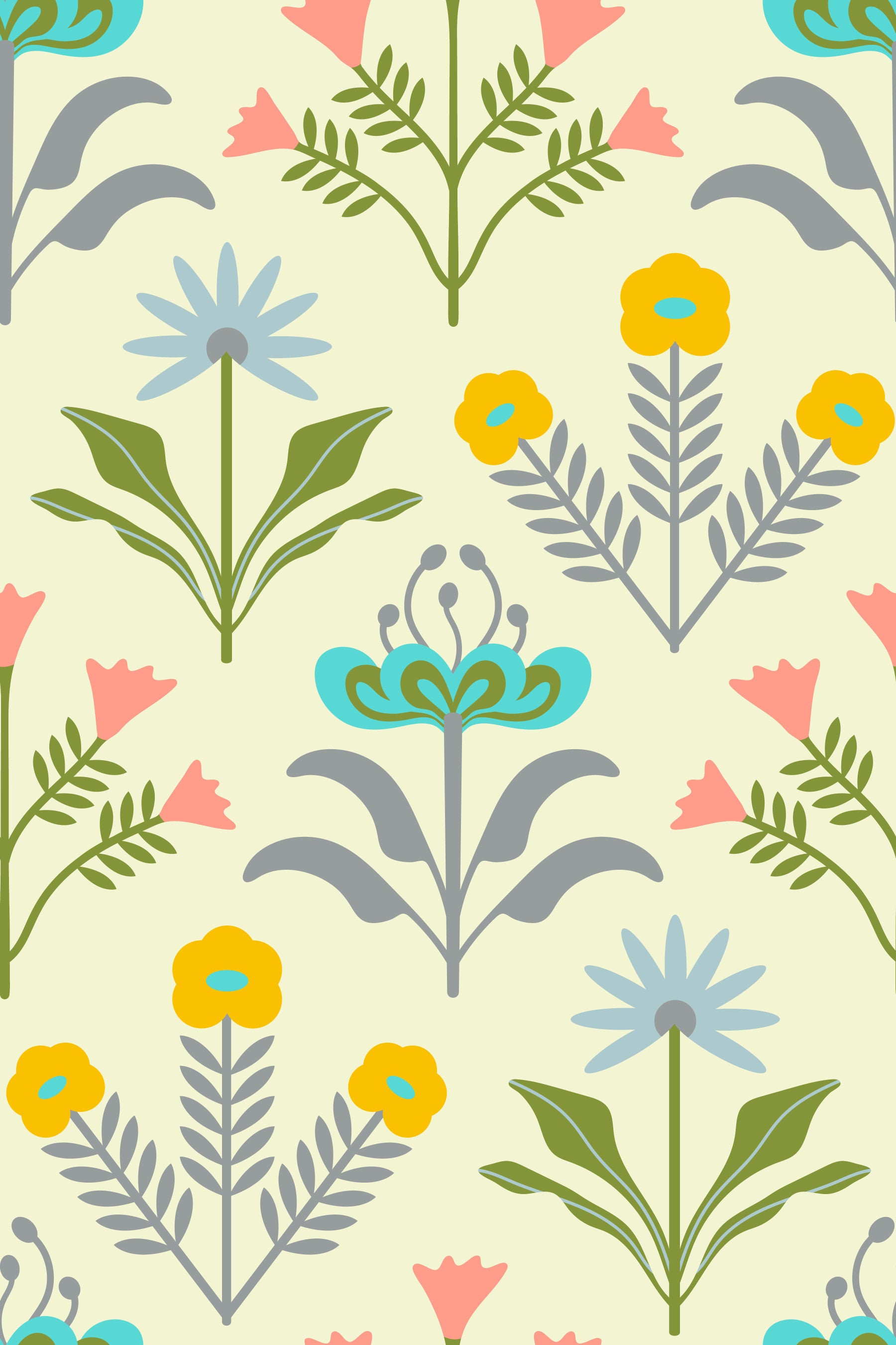 Lora Mid Century Modern Scandi Retro Floral Cottage Pastel Yellow Cream Wallpaper⁠ in your room — zoomed