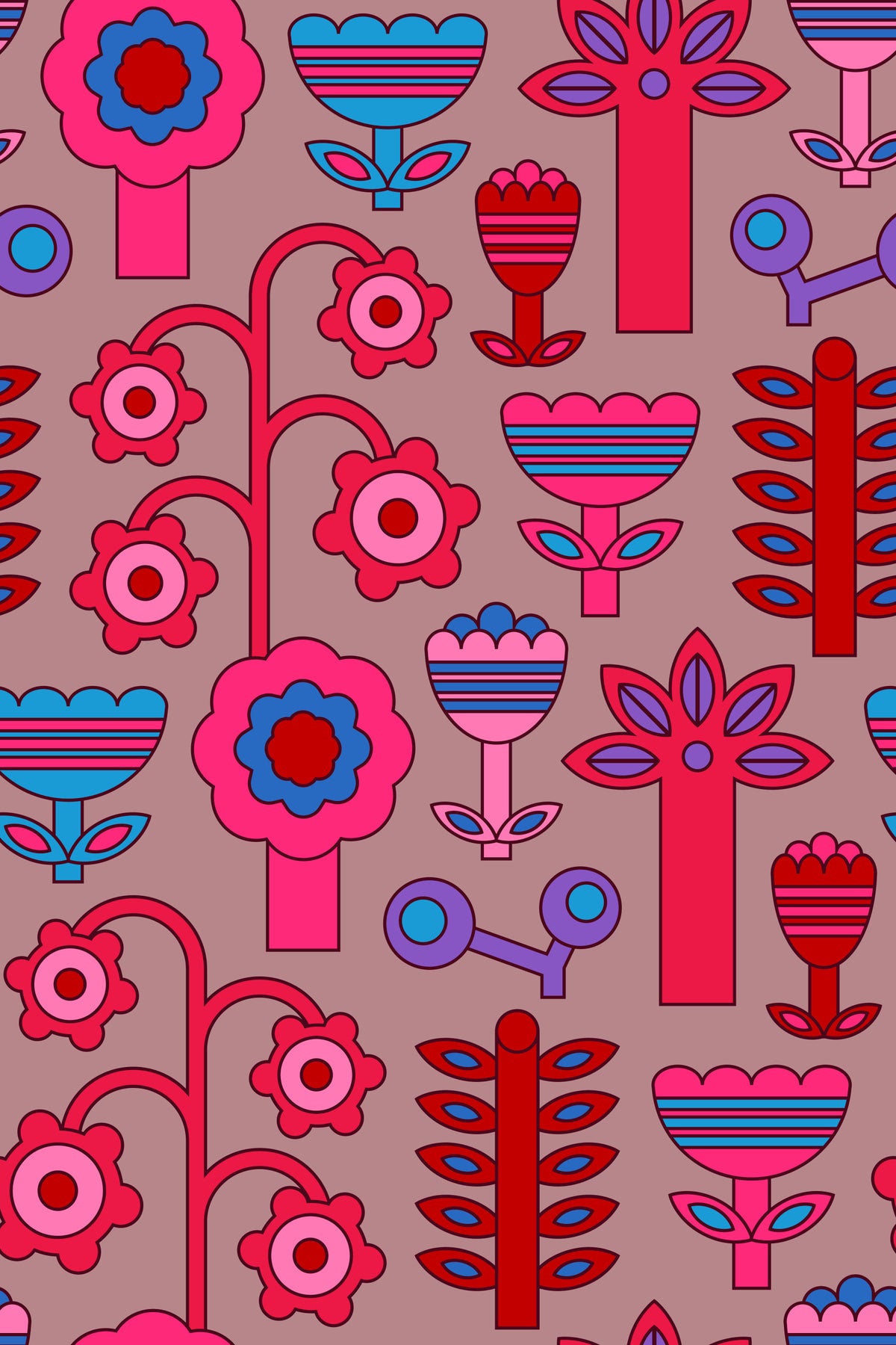Magic Garden Retro Scandi Flowers Geometric Floral Cherry Red Pink Wallpaper⁠
