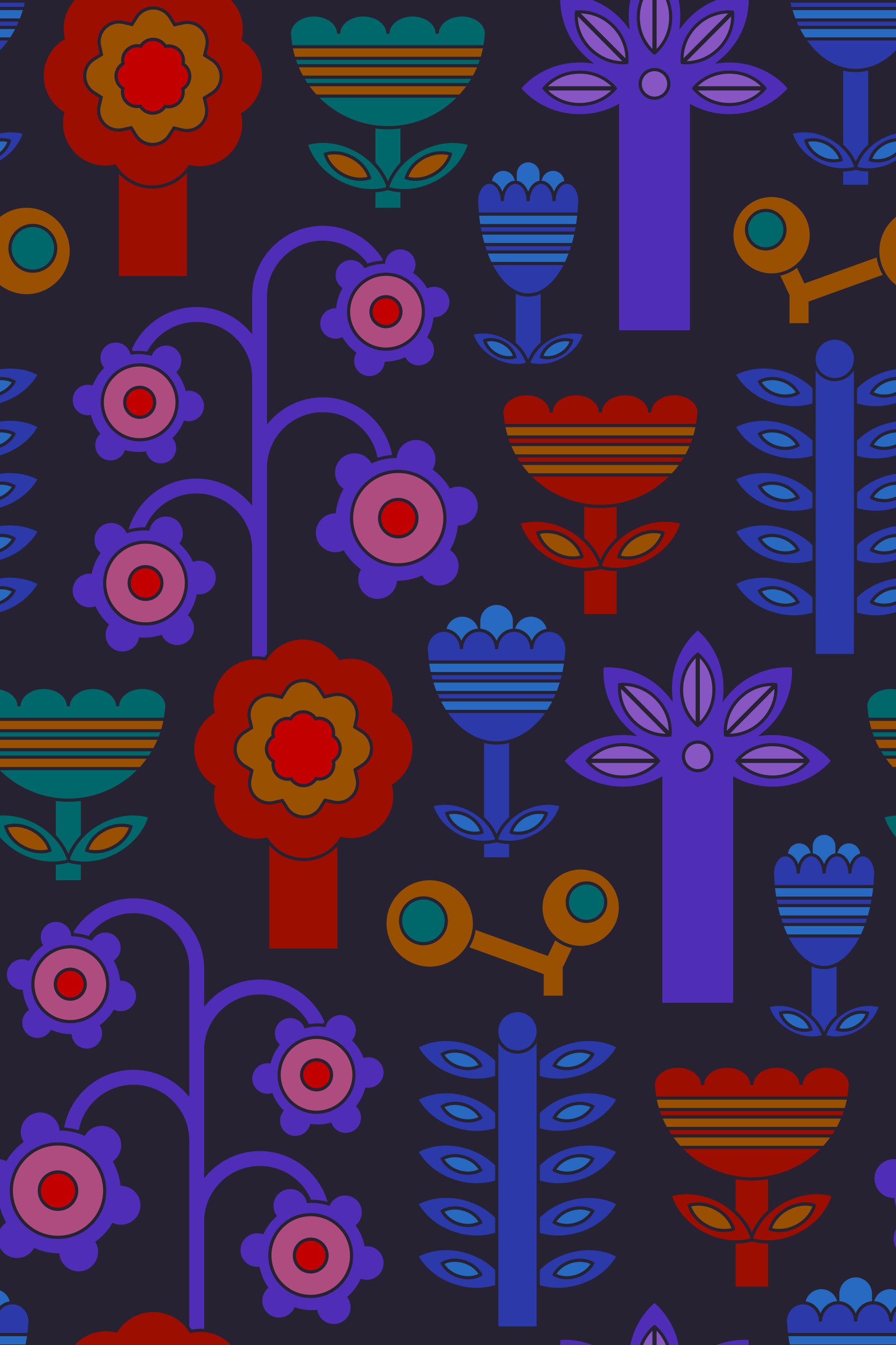 Magic Garden Retro Scandi Flowers Geometric Floral Jewel Brights Dark Wallpaper⁠