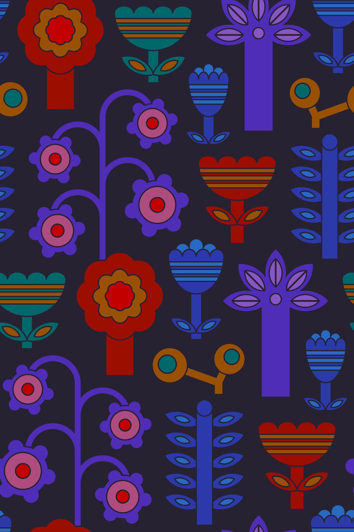Magic Garden Retro Scandi Flowers Geometric Floral Jewel Brights Dark Wallpaper⁠ in your room — zoomed