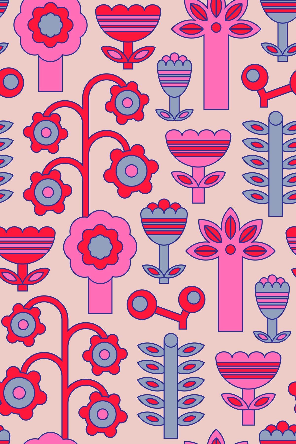 Magic Garden Retro Scandi Flowers Geometric Floral Pretty Pink Red Wallpaper⁠