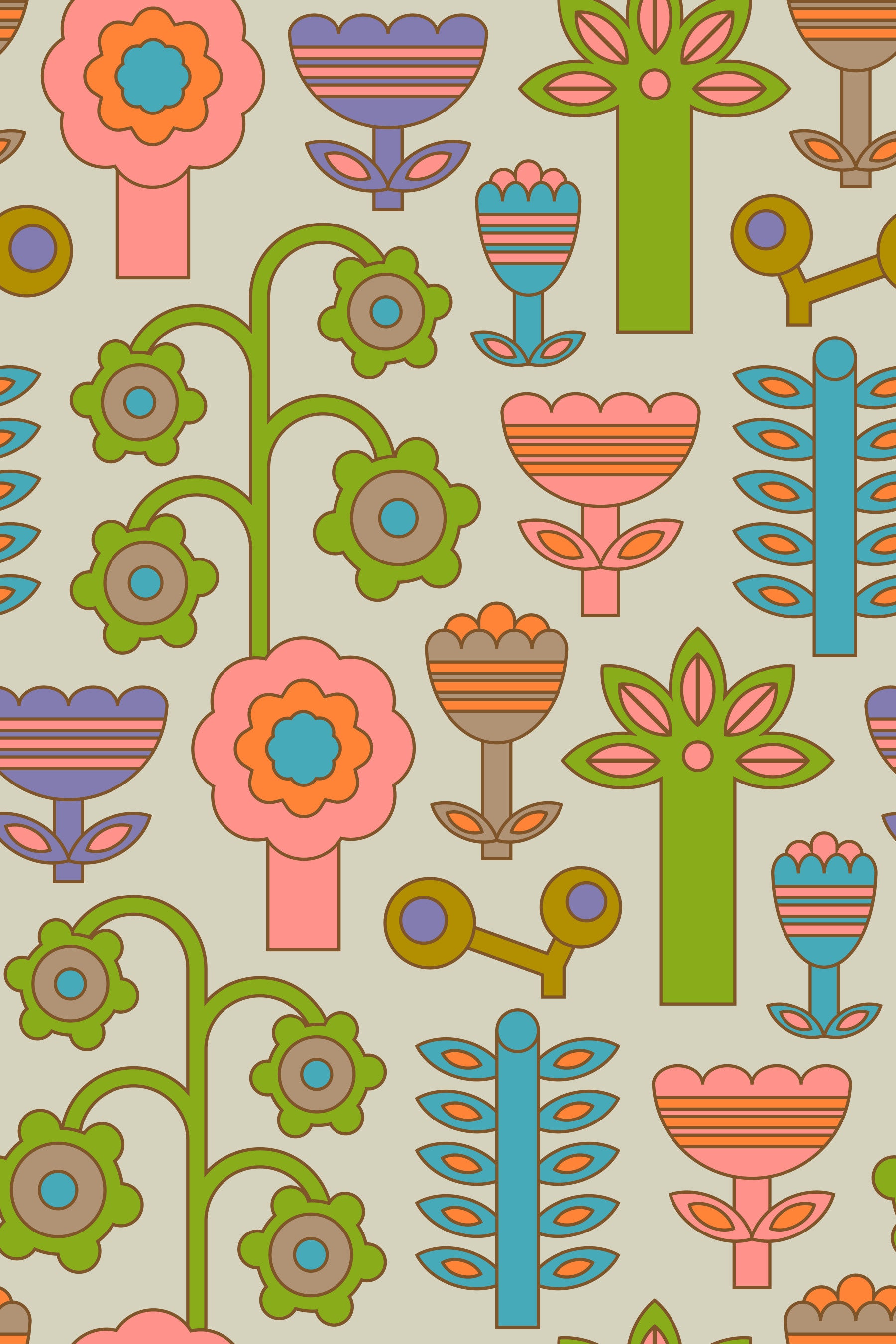 Magic Garden Retro Scandi Flowers Geometric Floral Warm Pastels Cream Wallpaper⁠