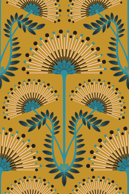 Mimosa Art Deco Floral Botanical Damask Blue Black Mustard Yellow Wallpaper⁠