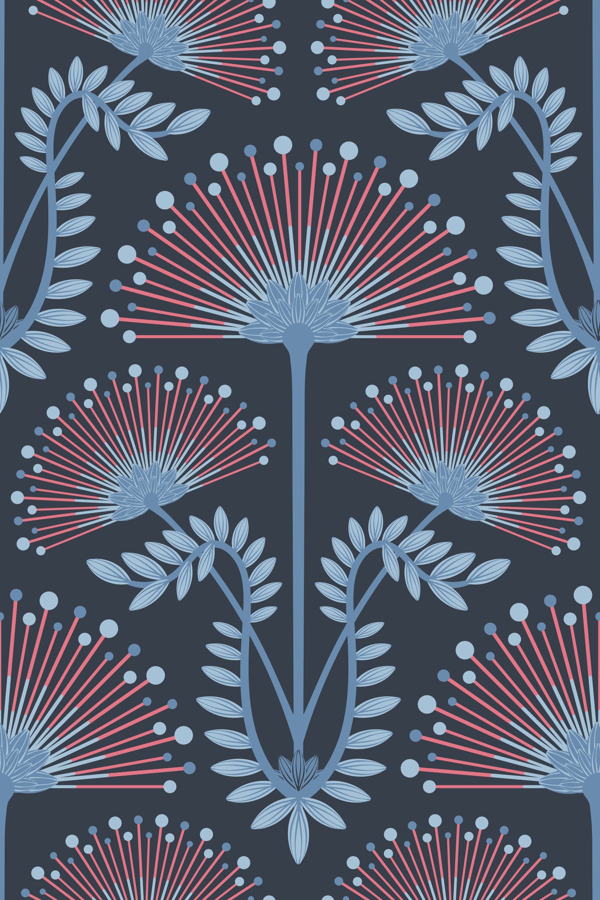 Mimosa Art Deco Floral Botanical Damask Red Powder Blue Navy Wallpaper⁠