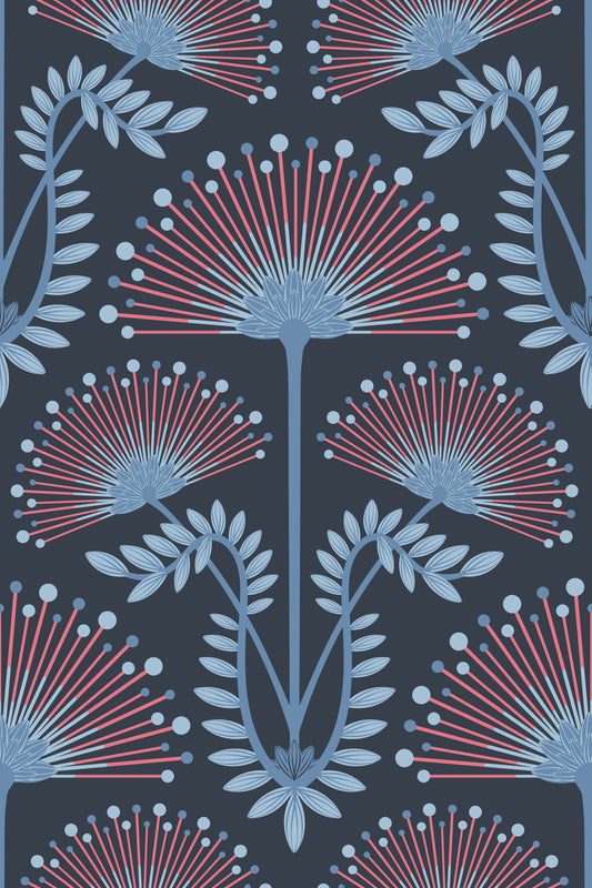 Mimosa Art Deco Floral Botanical Damask Red Powder Blue Navy Wallpaper⁠