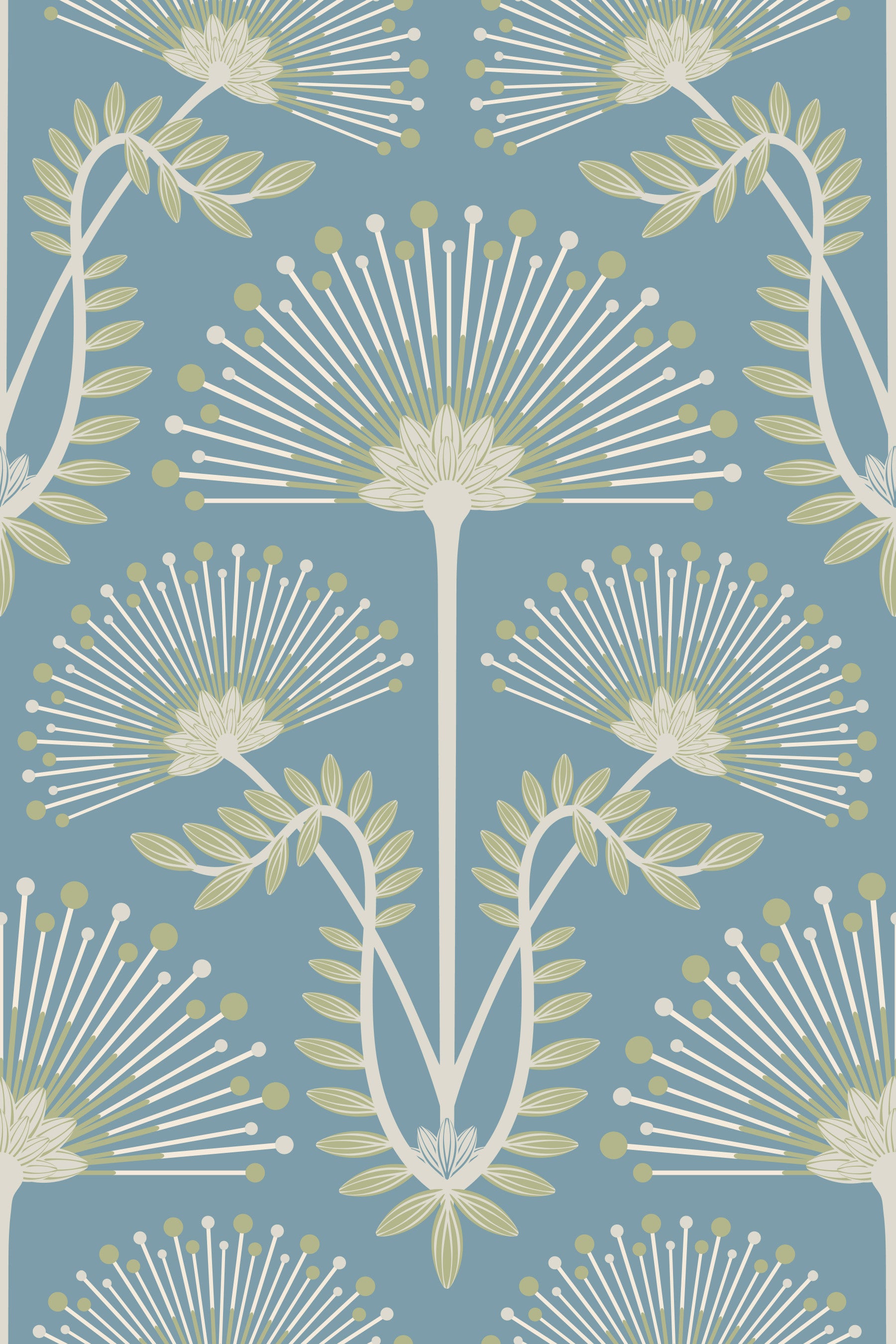 Mimosa Art Deco Floral Botanical Damask Sage Green White Light Blue Wallpaper⁠