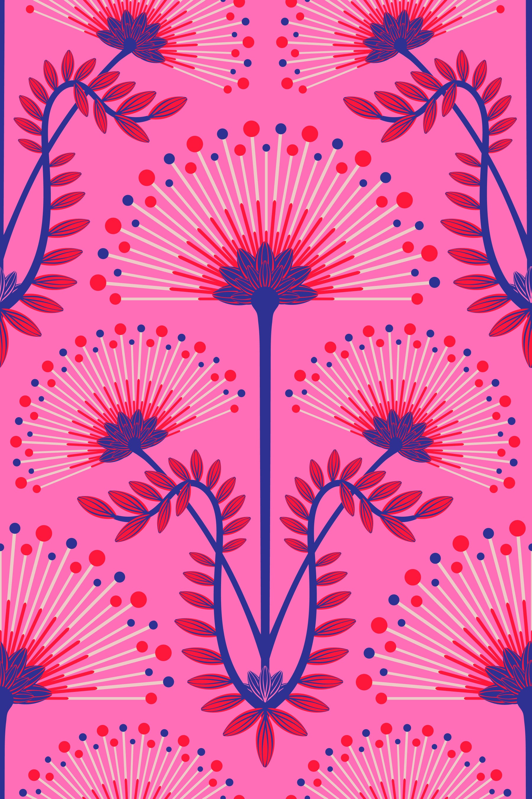 Mimosa Art Deco Floral Botanical Damask Pink Red Blue Fuchsia Wallpaper⁠