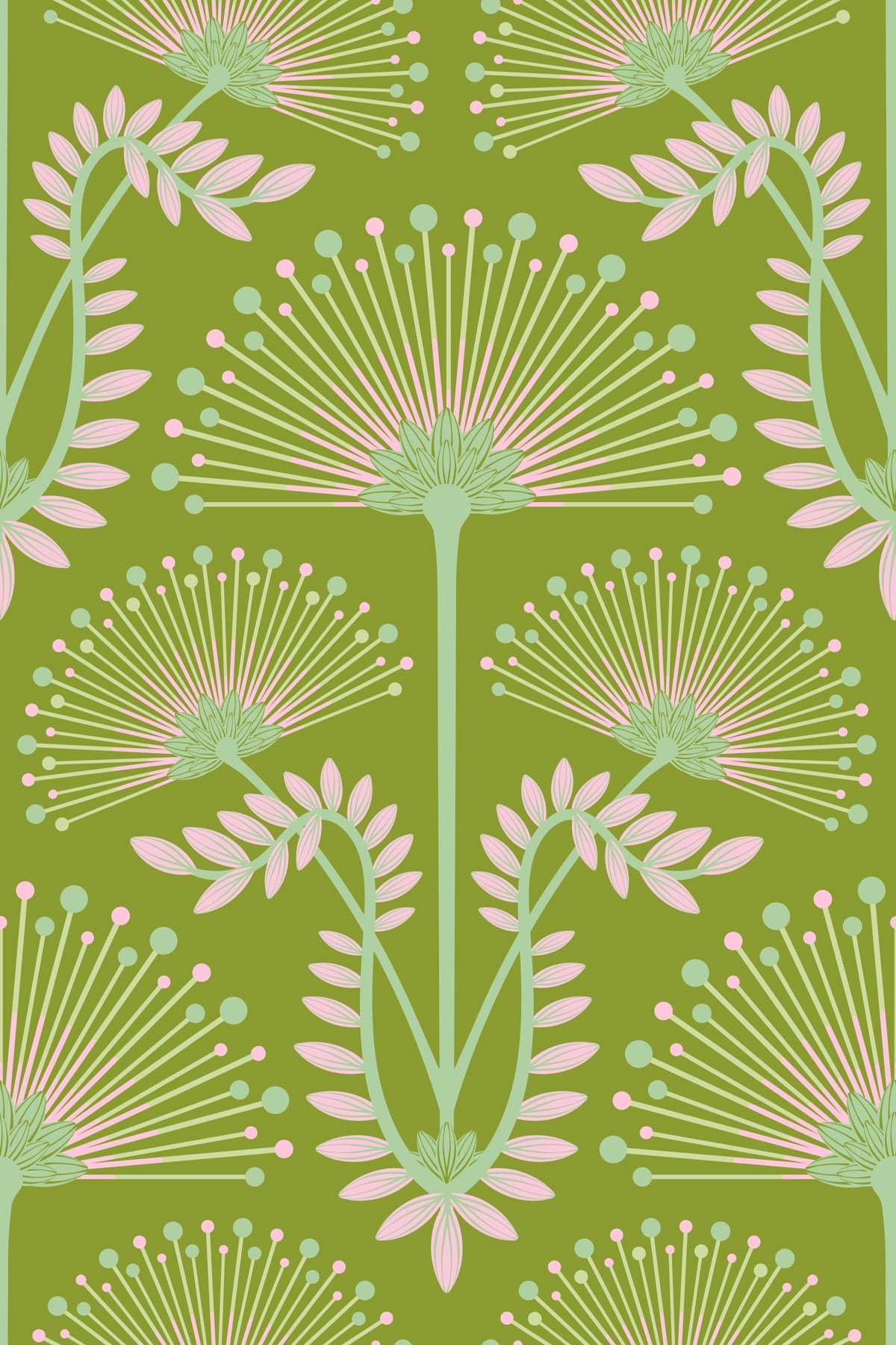 Mimosa Art Deco Floral Botanical Damask Pink Chartreuse Spring Green Wallpaper⁠