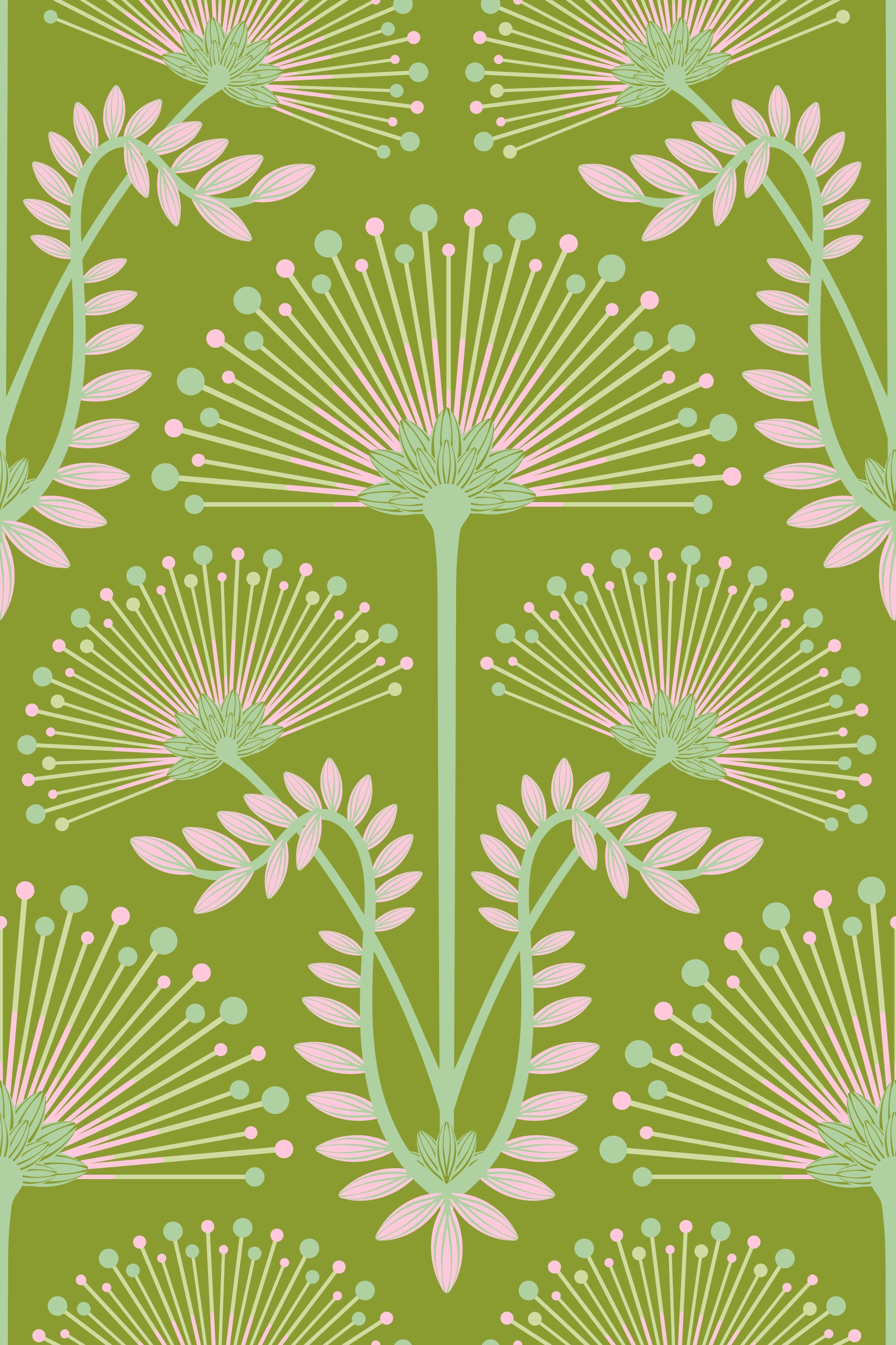 Mimosa Art Deco Floral Botanical Damask Pink Chartreuse Spring Green Wallpaper⁠