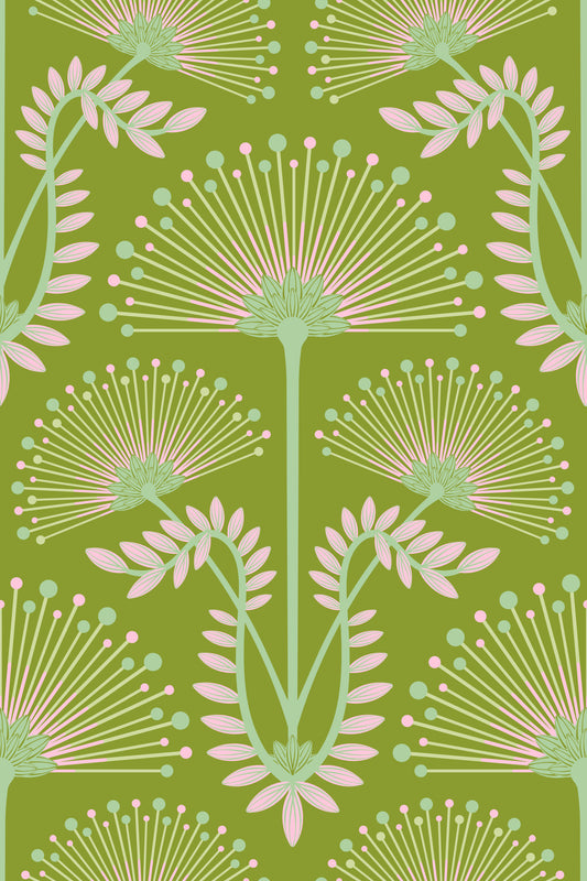 Mimosa Art Deco Floral Botanical Damask Pink Chartreuse Spring Green Wallpaper⁠
