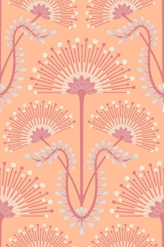 Mimosa Art Deco Floral Botanical Damask Pastel Peach Fuzz Orange Wallpaper⁠