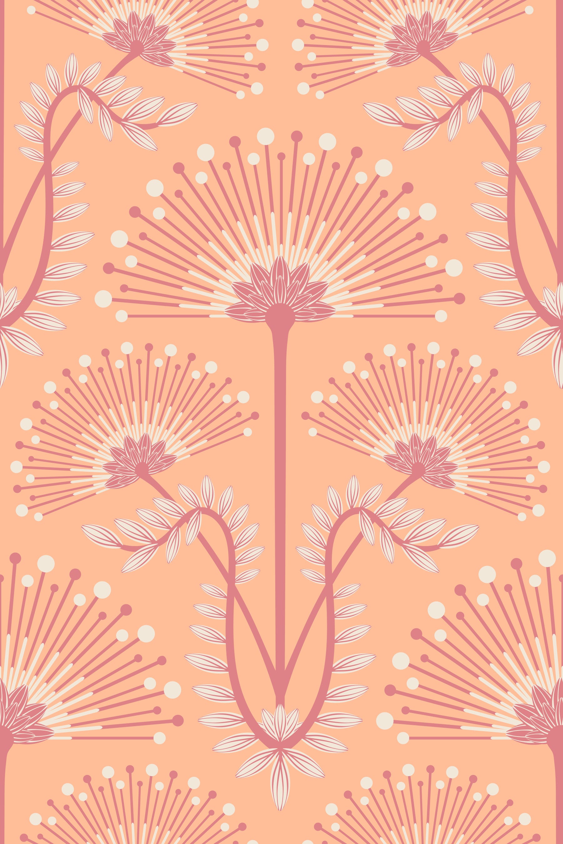 Mimosa Art Deco Floral Botanical Damask Pastel Peach Fuzz Orange Wallpaper⁠