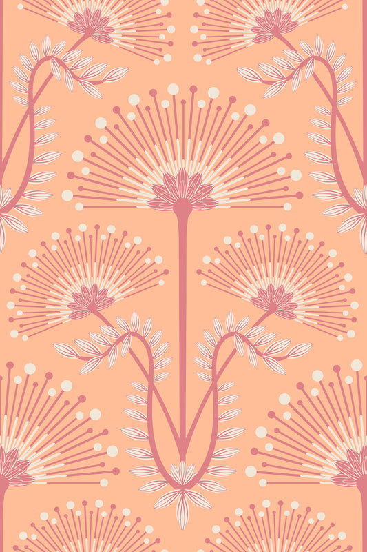Mimosa Art Deco Floral Botanical Damask Pastel Peach Fuzz Orange Wallpaper⁠