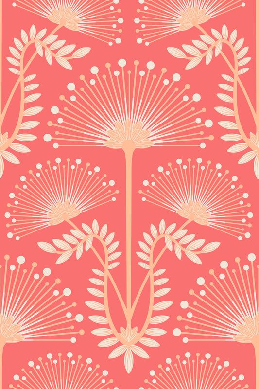 Mimosa Art Deco Floral Botanical Damask Pastel Peach Fuzz Orange Coral Red Wallpaper⁠
