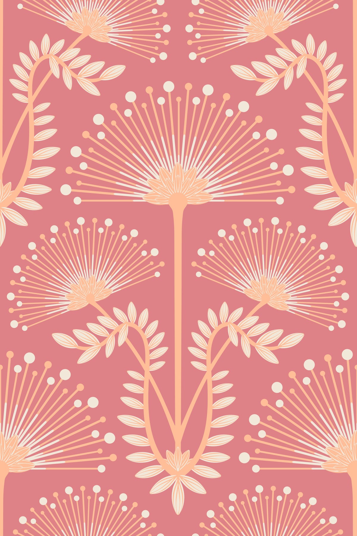 Mimosa Art Deco Floral Botanical Damask Pastel Peach Fuzz Orange Rust Red Wallpaper⁠