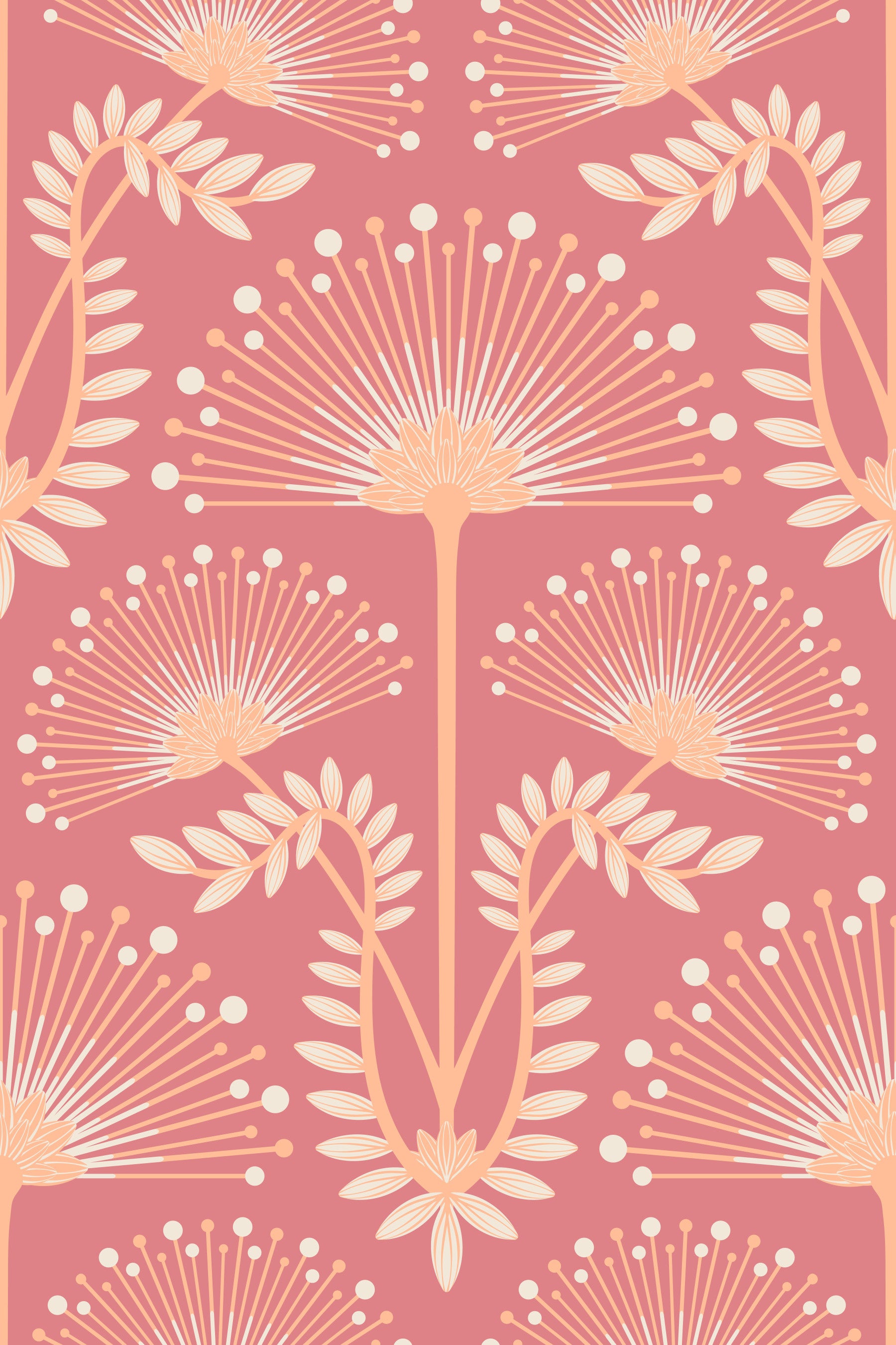 Mimosa Art Deco Floral Botanical Damask Pastel Peach Fuzz Orange Rust Red Wallpaper⁠