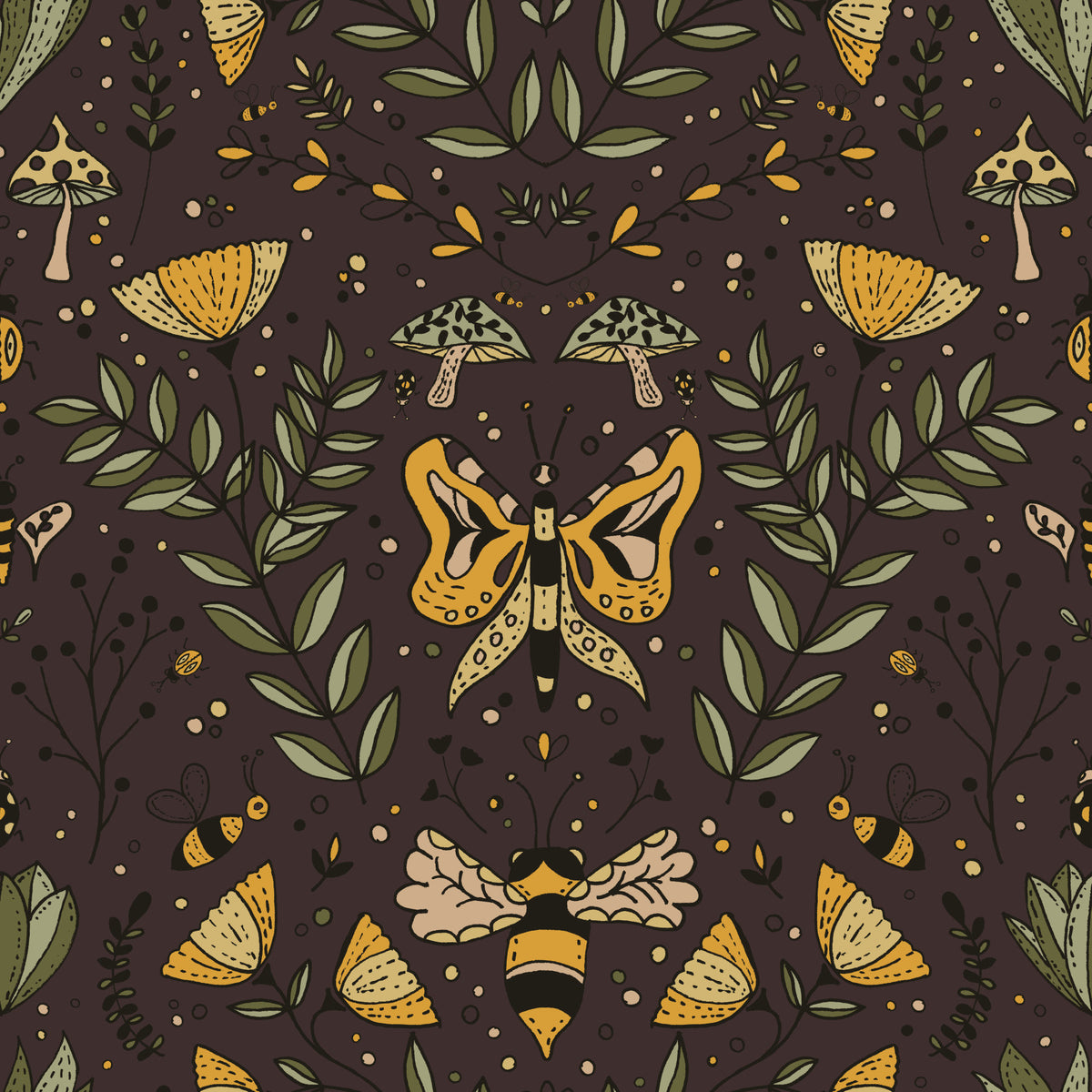 Bees Butterflies and Flowers Brown Wallpaper⁠ in your room — zoomed