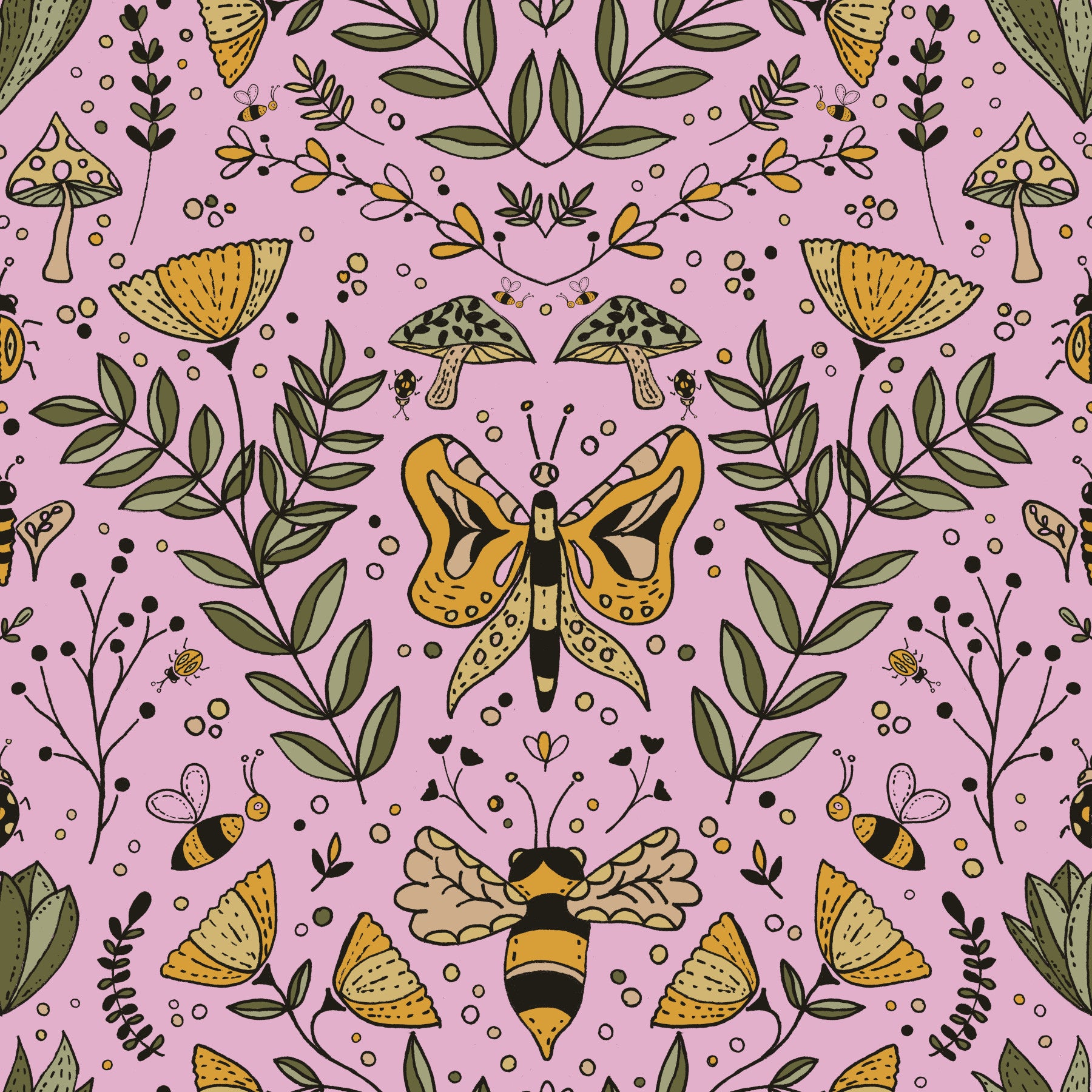 Bees Butterflies and Flowers Pink Wallpaper⁠