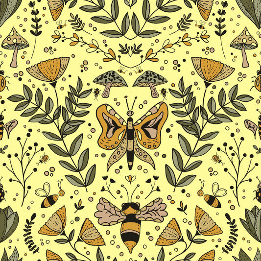 Bees Butterflies and Flowers Yellow Wallpaper⁠