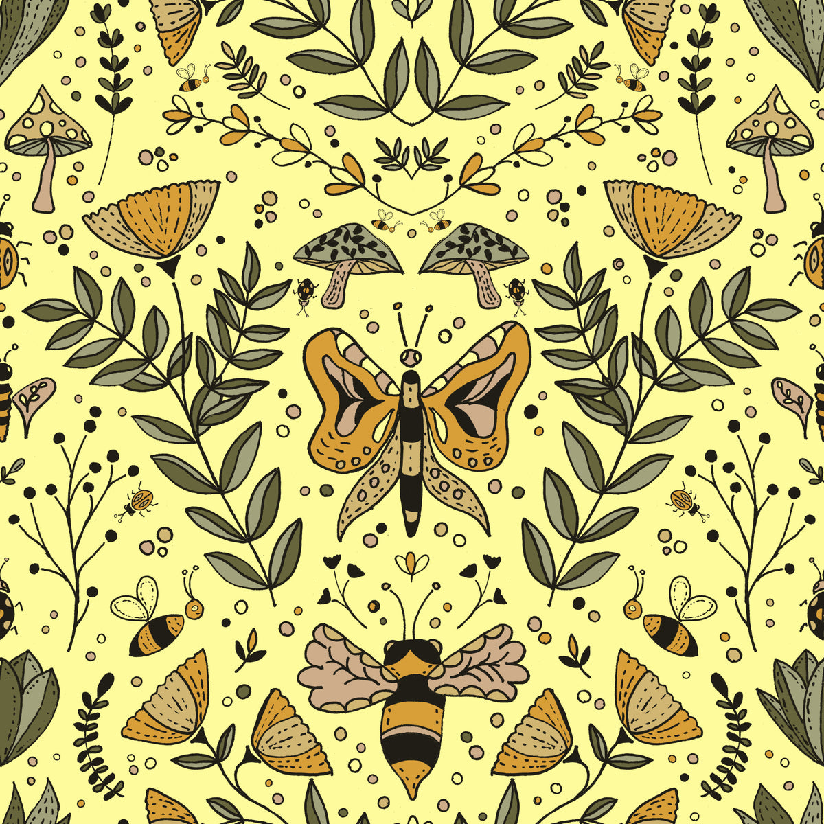 Bees Butterflies and Flowers Yellow Wallpaper⁠