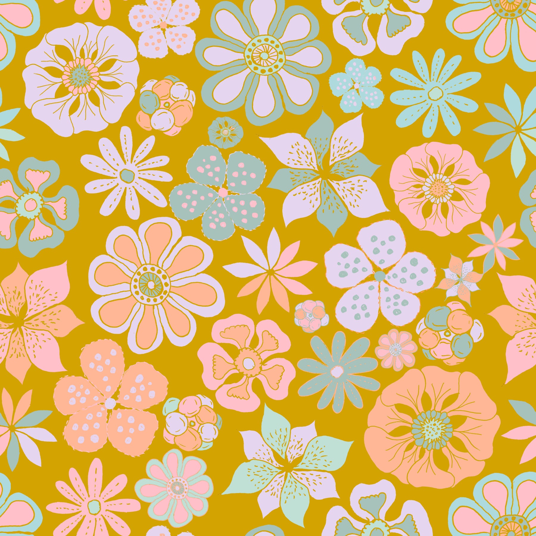 Hand Drawn Garden Flowers Golden Wallpaper⁠