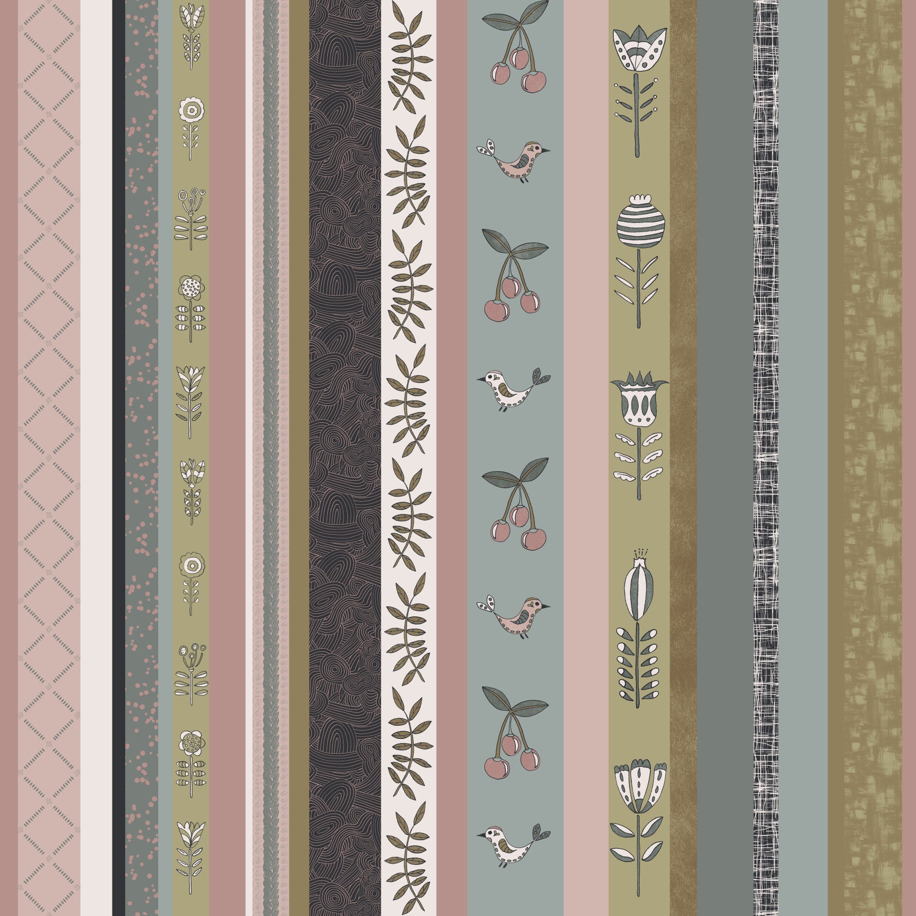 Whimsical Garden Stripes Muted Tones Wallpaper⁠