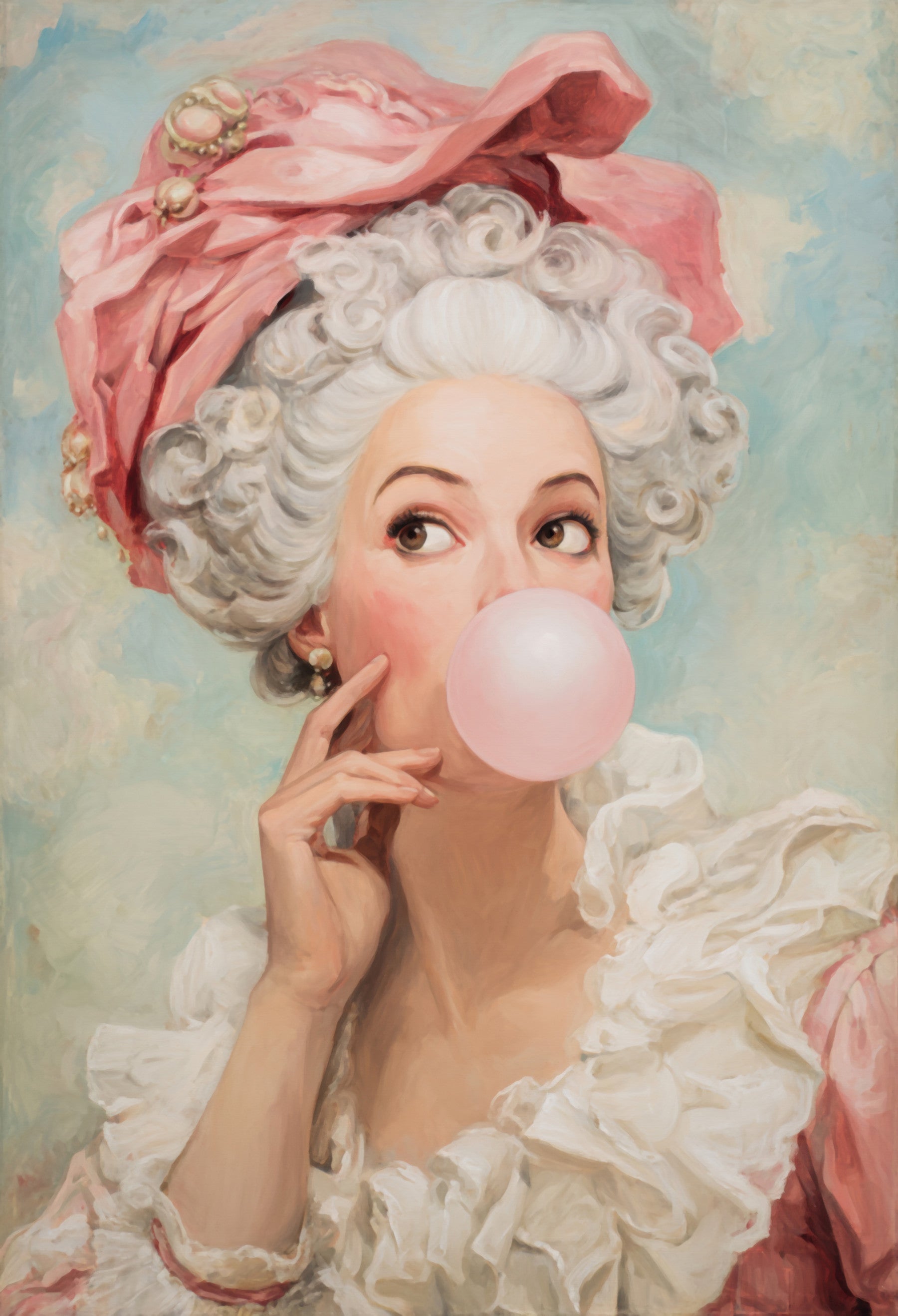 Rococo Lady Blowing Pink Bubble Gum Wall Mural