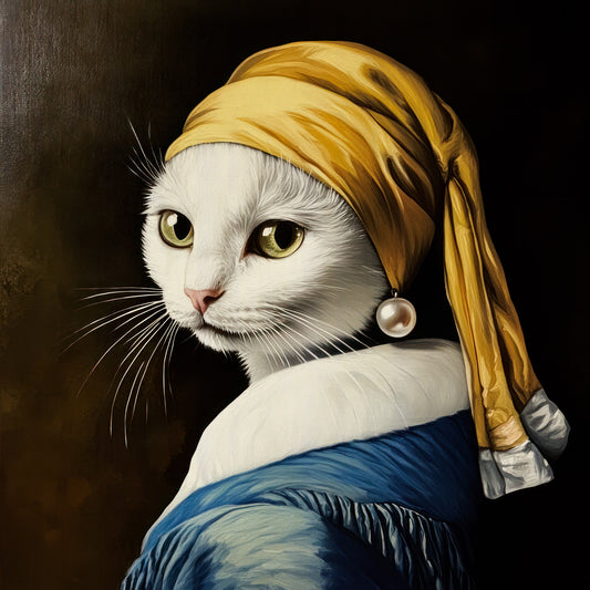 White Cat with Pearl Earring in Blue Robe Wall Mural