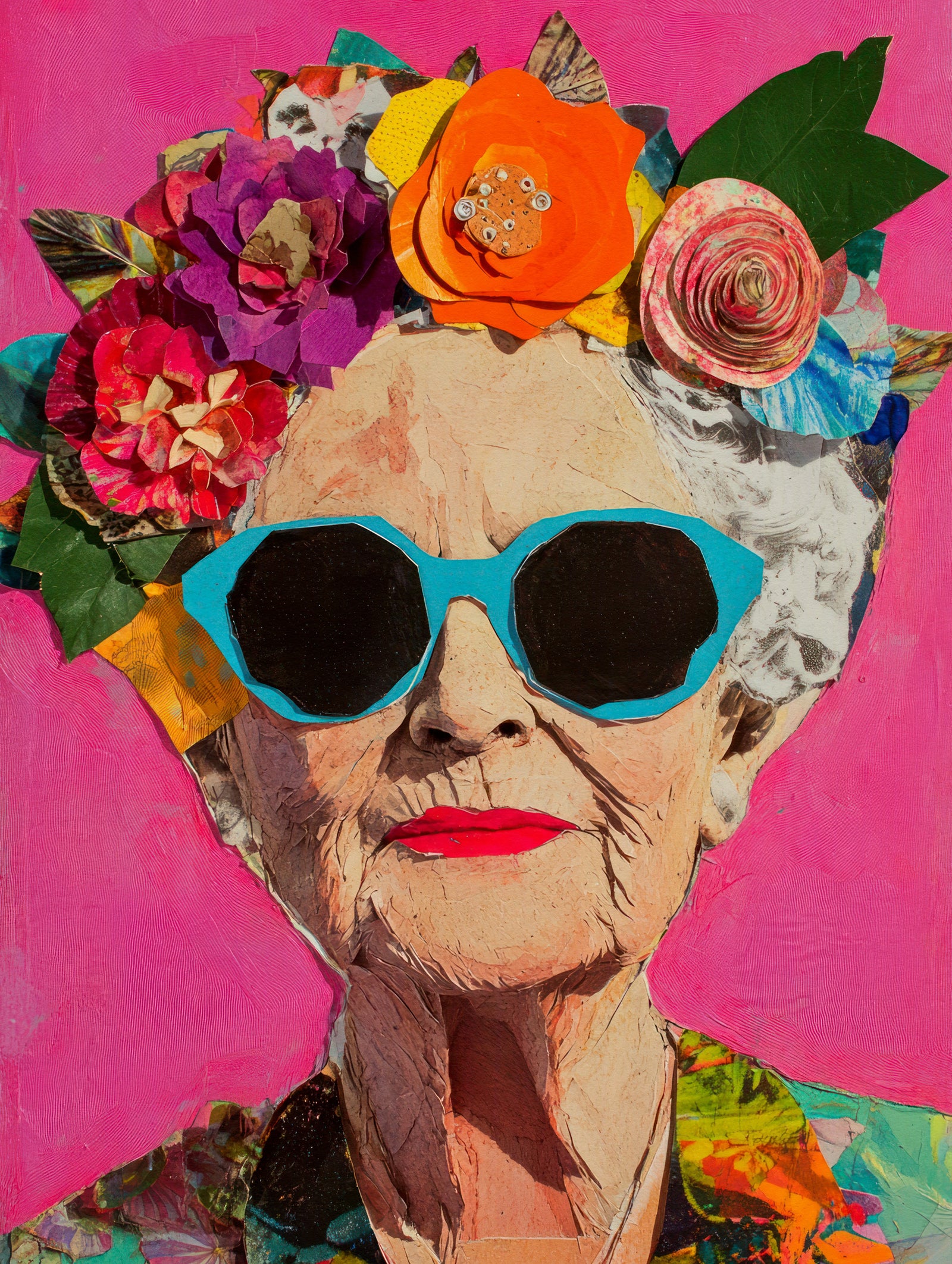 Colorful Elderly Lady with Floral Headpiece Wall Mural