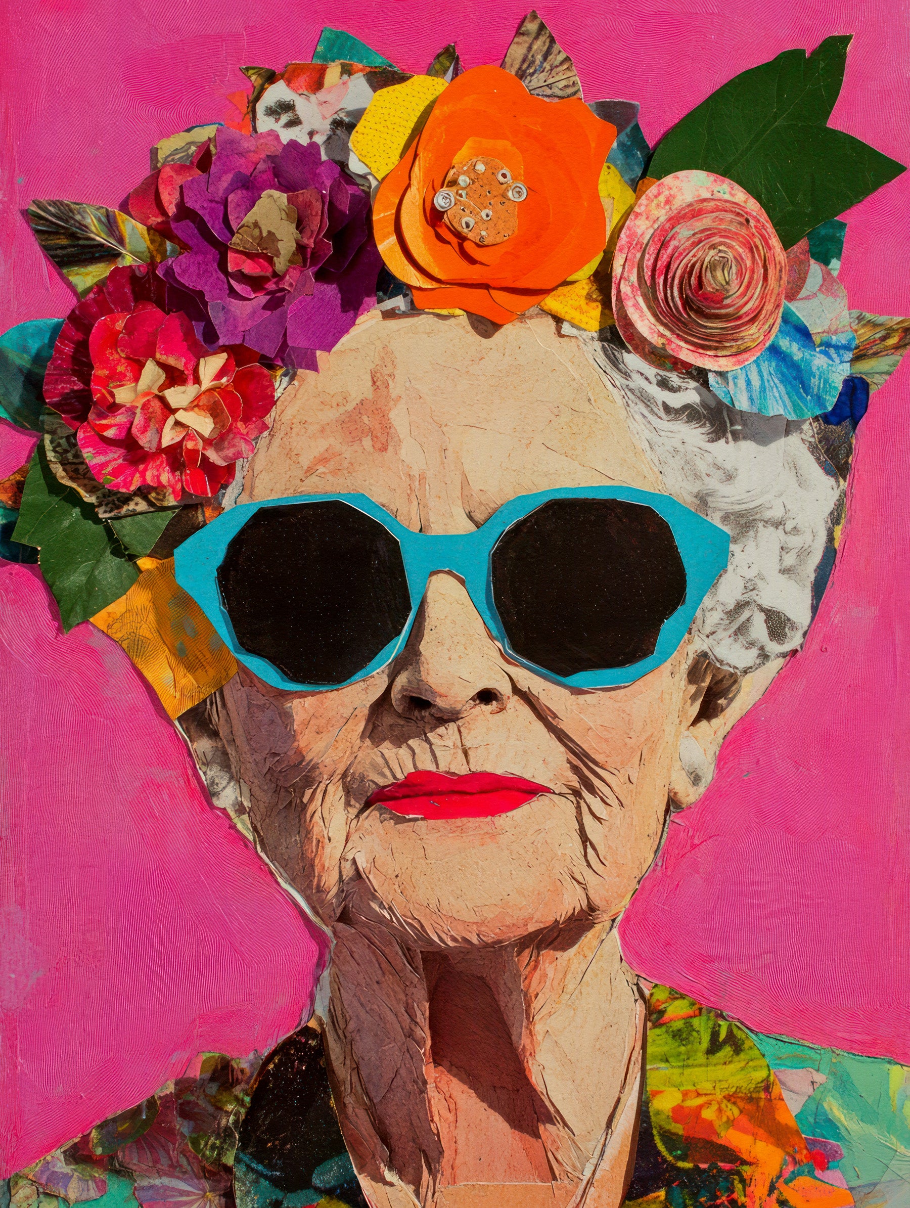 Colorful Elderly Lady with Floral Headpiece Wall Mural