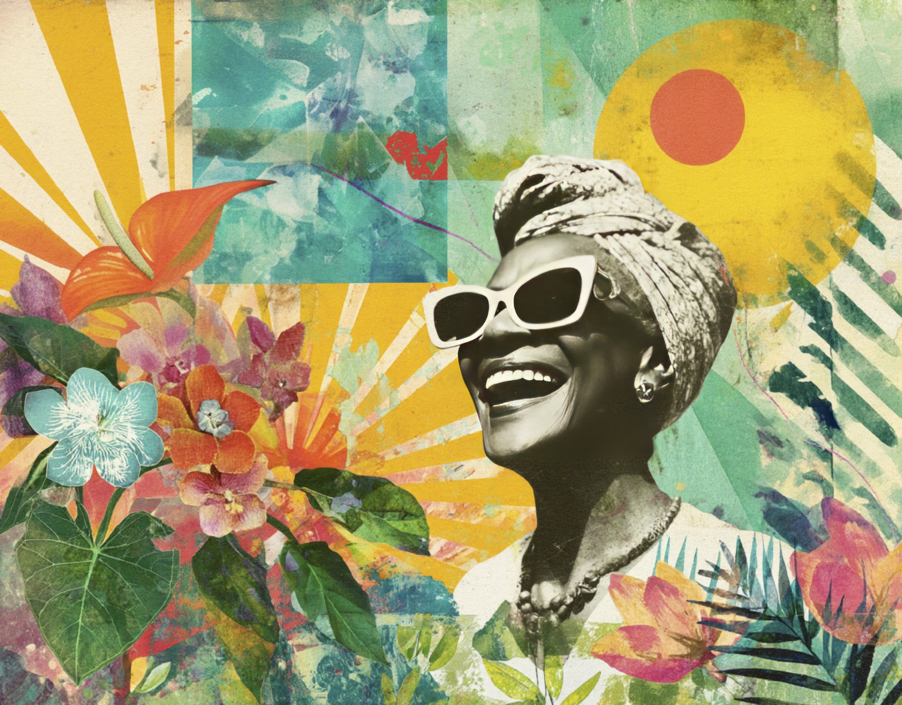 Vibrant Joyful Woman with Tropical Flowers Wall Mural