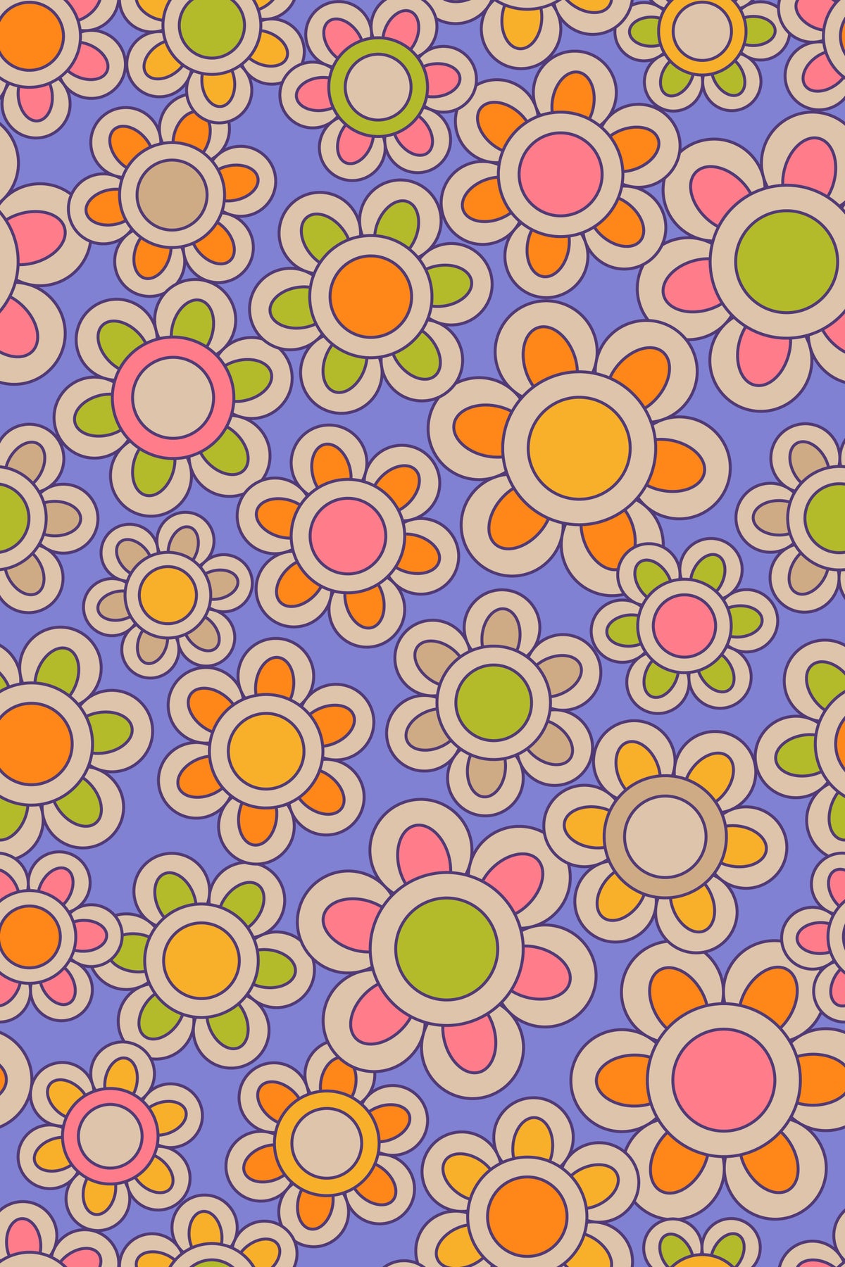 Groovy Daisies Retro 1970s Floral Orange Yellow Pink Green Purple Wallpaper⁠