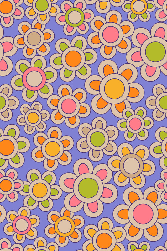 Groovy Daisies Retro 1970s Floral Orange Yellow Pink Green Purple Wallpaper⁠