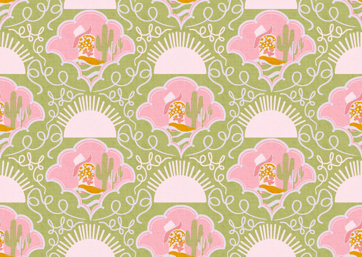 Wild West Whimsy-Green & Pink Cowboy Boots and Cactus Wallpaper for Southwestern Playrooms & Creative Interiors