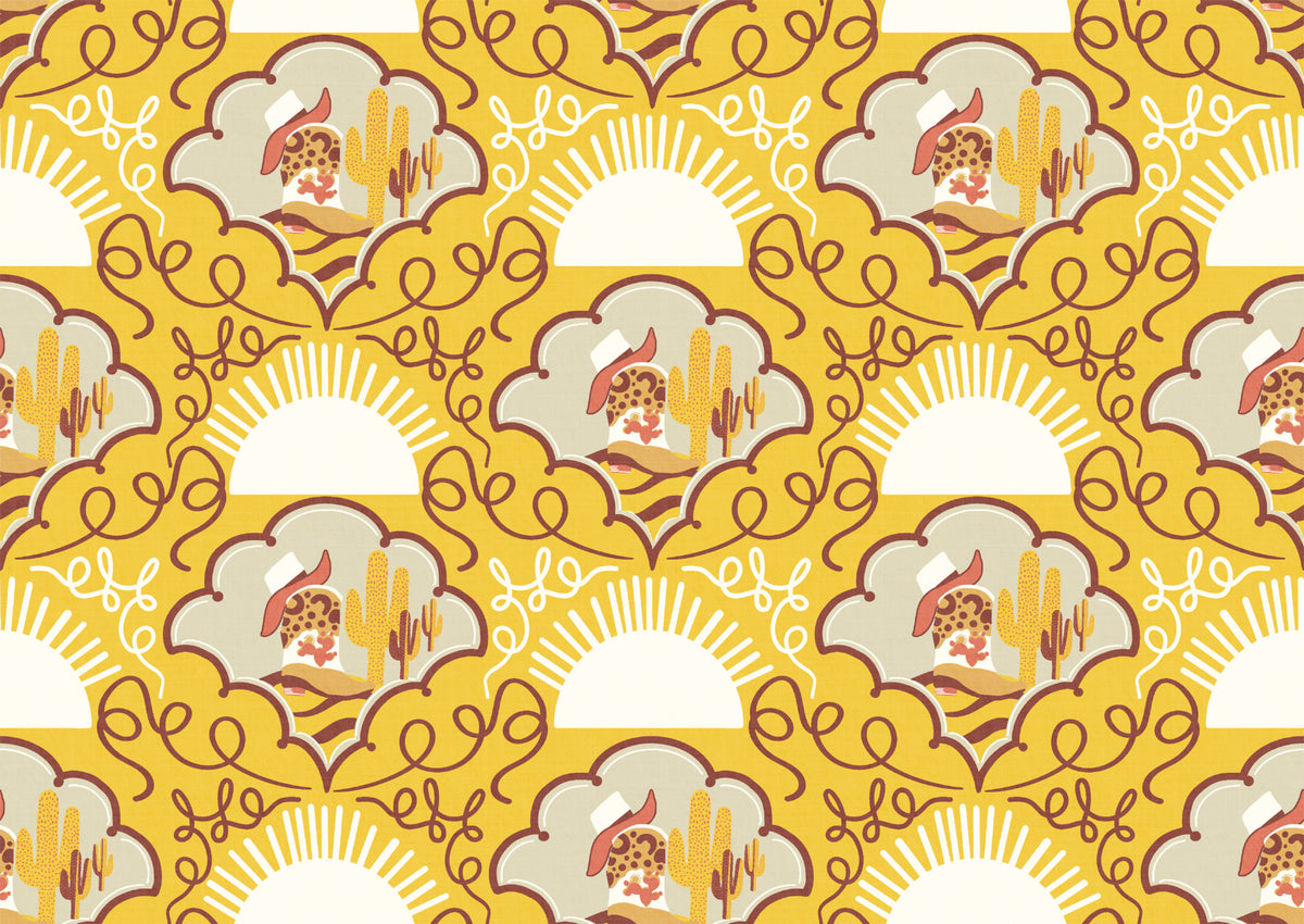 Wild West Whimsy -Happy Yellow Cowboy Boots & Cactus Wallpaper for Kids’ Rooms & Western-Inspired Decor