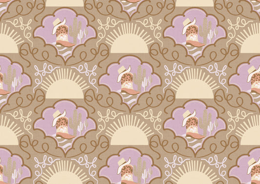 Wild West Whimsy – Cowboy Boots & Cactus Wallpaper in Lavender & Neutral Brown for Eclectic Kids’ Spaces and Boho Interiors