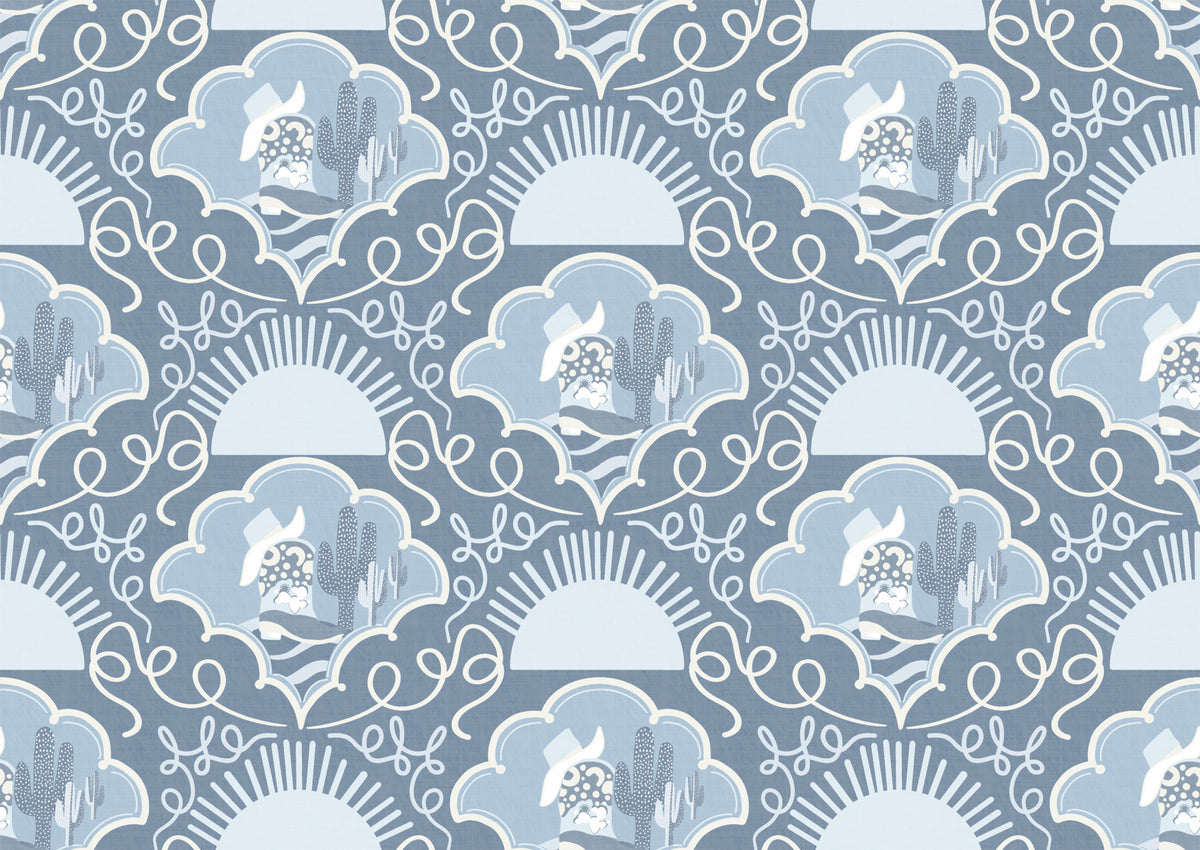 Southwestern Serenity- Grey Blue Cactus & Cowboy Folk Art Wallpaper for Boho, Rustic & Contemporary Interiors Wallpaper⁠ in your room — zoomed